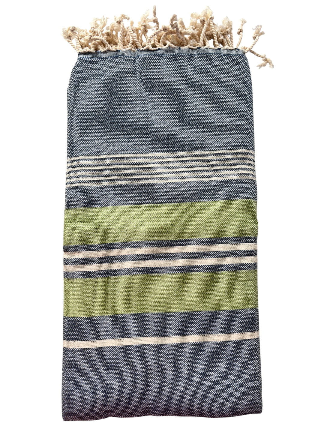 The Izmir Green Organic Cotton Beach Towel by turkanhome.com is an extra-long, folded blue towel with white and green horizontal stripes and cream fringe along the top edge.