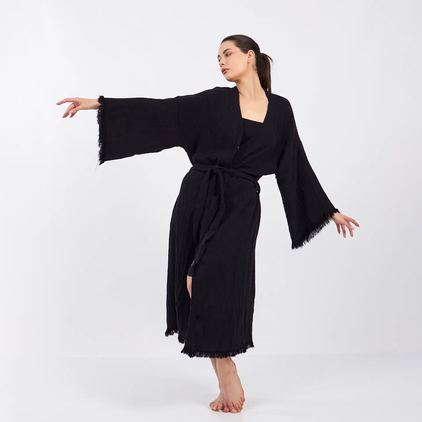 Black Muslin Kimono Robe Lounge Wear Morning Gown turkanhome