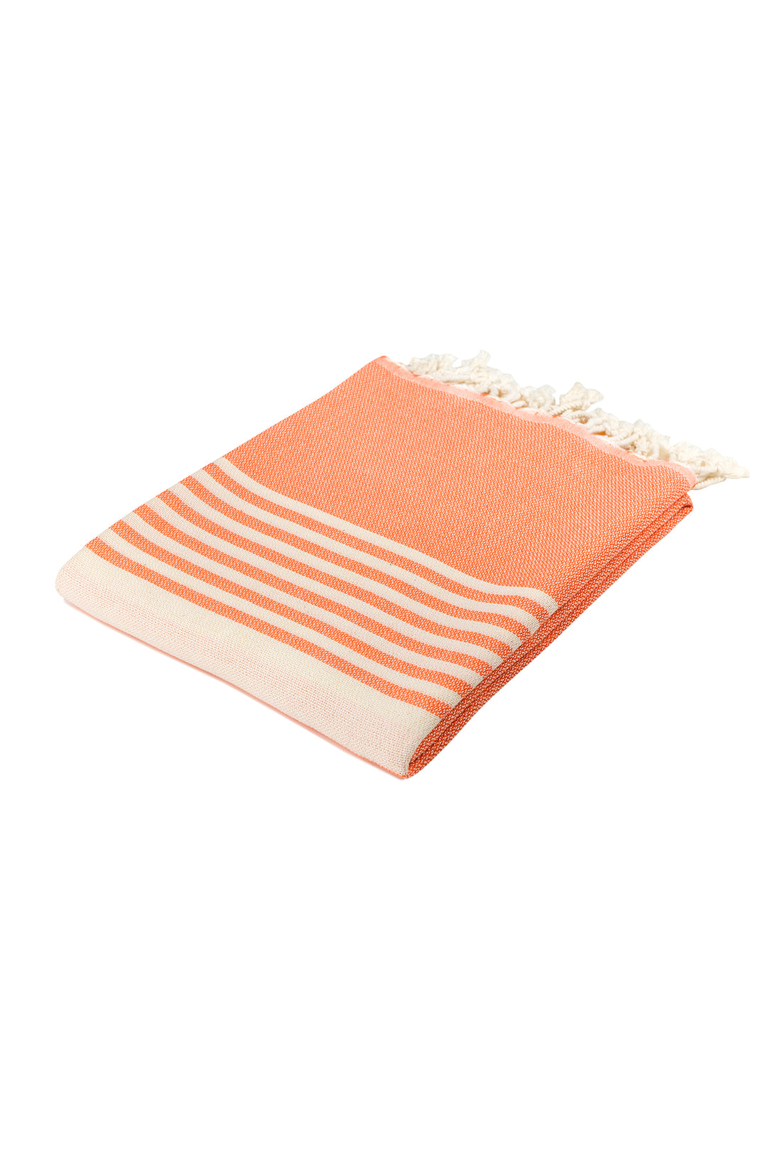 The Havana Basic Organic Cotton Beach Towel from turkanhome.com features orange and white stripes with white fringe, making it the perfect lightweight, extra-long, fast-drying towel for your next getaway.