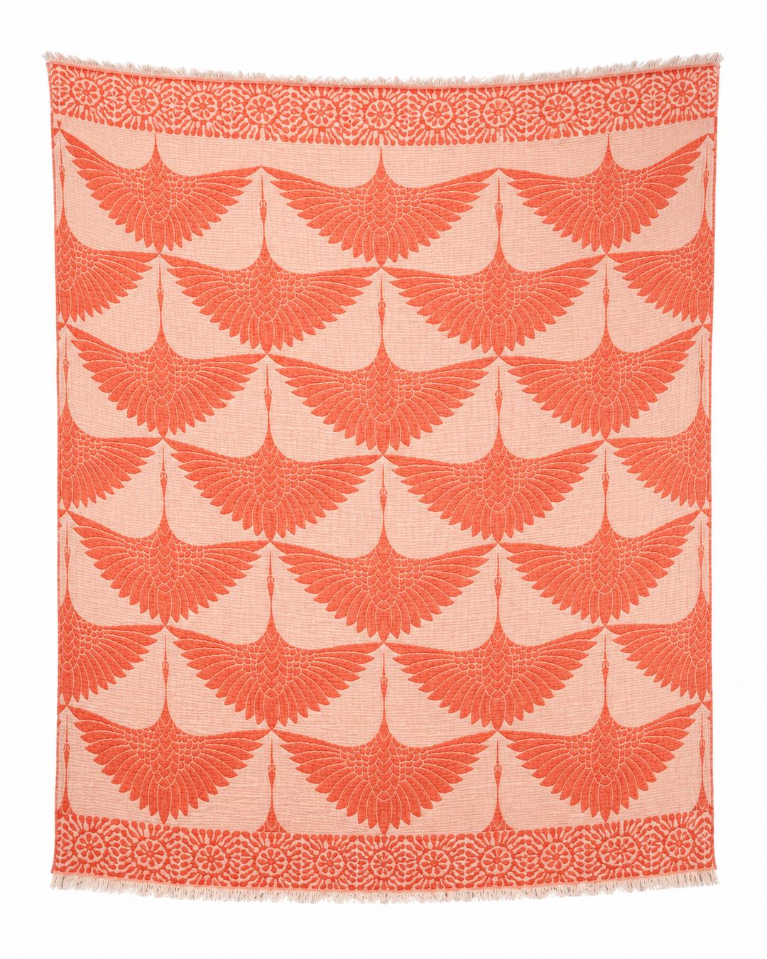 The Crane Muslin Throw Blanket Natural Border–Reversible Turkish Cotton from turkanhome.com is a rectangular textile featuring repeating orange winged motifs arranged in rows on a beige background, bordered by circular floral patterns along the top and bottom edges. Crafted from soft Turkish muslin cotton, this reversible throw is finished with fringe at the top and bottom for added texture and style.