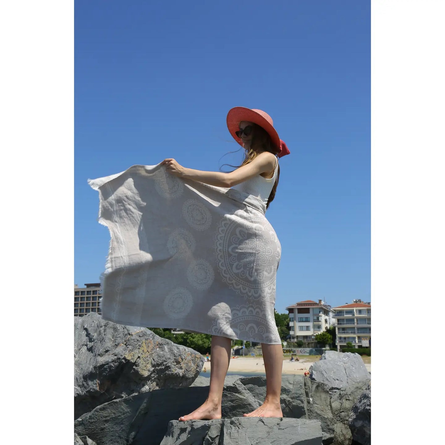 Mandala Beige Sand Resistant Turkish Beach Towel, Shawl
