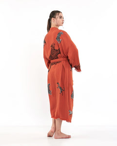 Orange Tiger Kimono Robe, Lounge Wear, Dressing Gown, Pocket