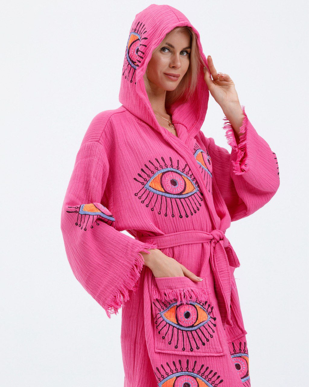 Barbie Short Kimono Robe, Lounge Wear, Beach Wear, Pink Evil Eye Robe