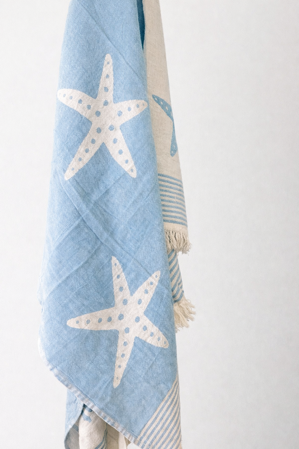 The Sea Star Turkish Towel from turkanhome.com features light blue and beige jacquard weave, white and blue polka dot starfish designs, and striped edges, displayed against a plain light background.