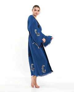 Blue Tiger Kimono Robe, Lounge Wear, Dressing Gown W/Pockets