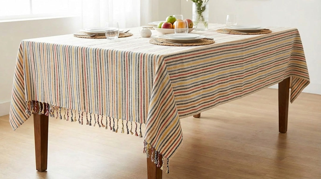 A rectangular table is adorned with a Mardin Handwoven Turkish Towel from turkanhome.com as a colorful throw, set with plates, glasses, woven placemats, and a fruit bowl centerpiece. Sunlight streams in over the wooden floors.