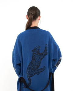 Blue Tiger Kimono Robe, Lounge Wear, Dressing Gown W/Pockets