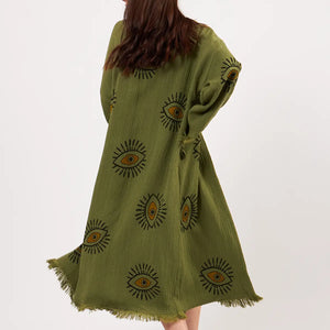 Eye Kimono Robe, House Wear, Lounge Wear with Pockets(Green)