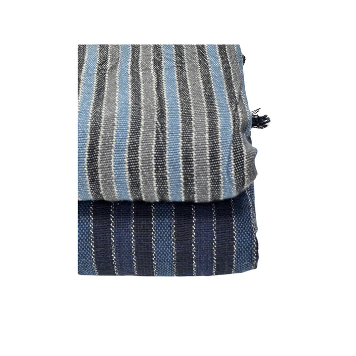 Two folded artisan-made Black Sea Handwoven Turkish Towels by turkanhome.com: the top has light blue, gray, and black stripes; the bottom features dark blue and black stripes with white accents. Made from all-natural fibers.