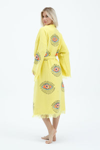 Yellow  Evil Eye Kimono, Dressing Gown, House Coat