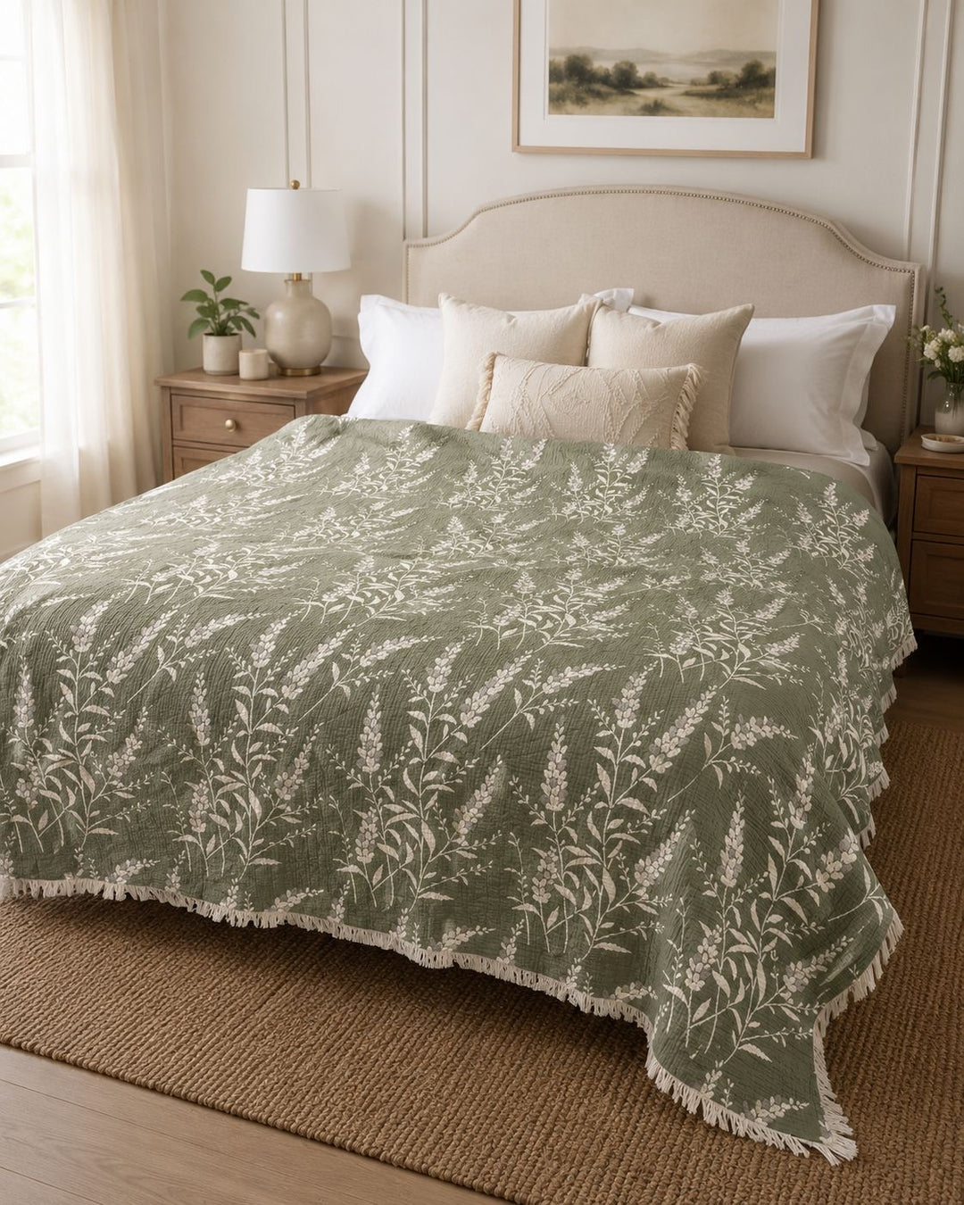 A neatly made bed featuring the 7-Layer Cotton Muslin Quilted Blanket in Lavender Field from turkanhome.com, adorned with cream pillows, sits between two wooden nightstands in a bright, cozy bedroom with neutral decor.
