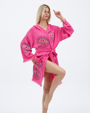Load image into Gallery viewer, Barbie Short Kimono Robe, Lounge Wear, Beach Wear, Pink Evil Eye Robe
