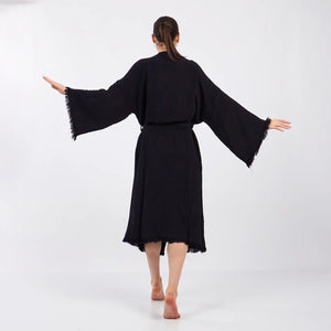 Túnica de kimono de muslin negra, ropa de salón, vestido de mañana