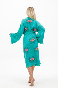 Mint Evil Eye Kimono, Dressing Gown, House Coat