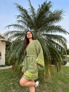Green Short Kimono Robe, Lounge Wear, Beach Wear with Pockets