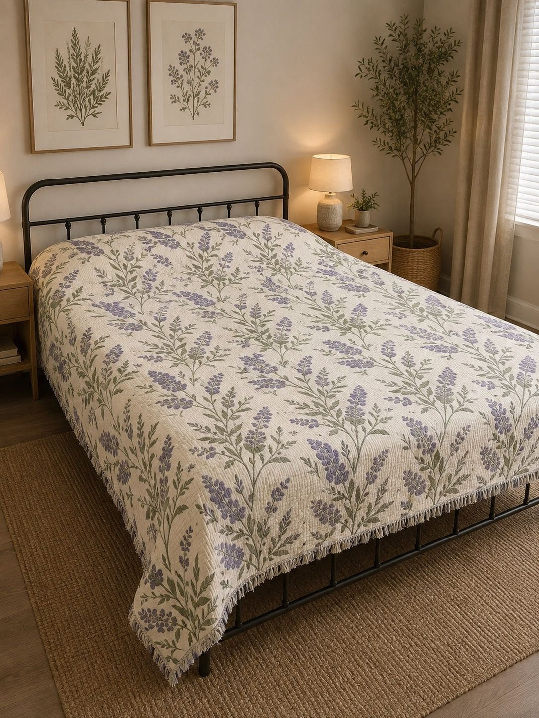 A neatly made bed is adorned with the 7-Layer Cotton Muslin Quilted Blanket in “Lavender Field” by turkanhome.com, creating a cozy bedroom atmosphere. The space features bedside tables with lamps, framed botanical prints on the wall, a potted plant, and natural light streaming in from a window.
