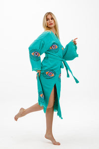 Mint Evil Eye Kimono, Dressing Gown, House Coat