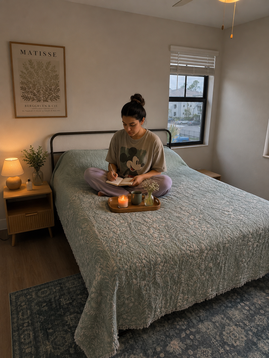A woman sits cross-legged on a bed, writing in a notebook, cozy beneath the turkanhome.com Luxury 7-Layer Cotton Muslin Quilted Blanket in Mint Bird. In front of her, a tray holds candles and a small vase of flowers. The room is softly lit, with a framed art print on the wall and an all-season bedspread draped over the nightstand beside the bed.