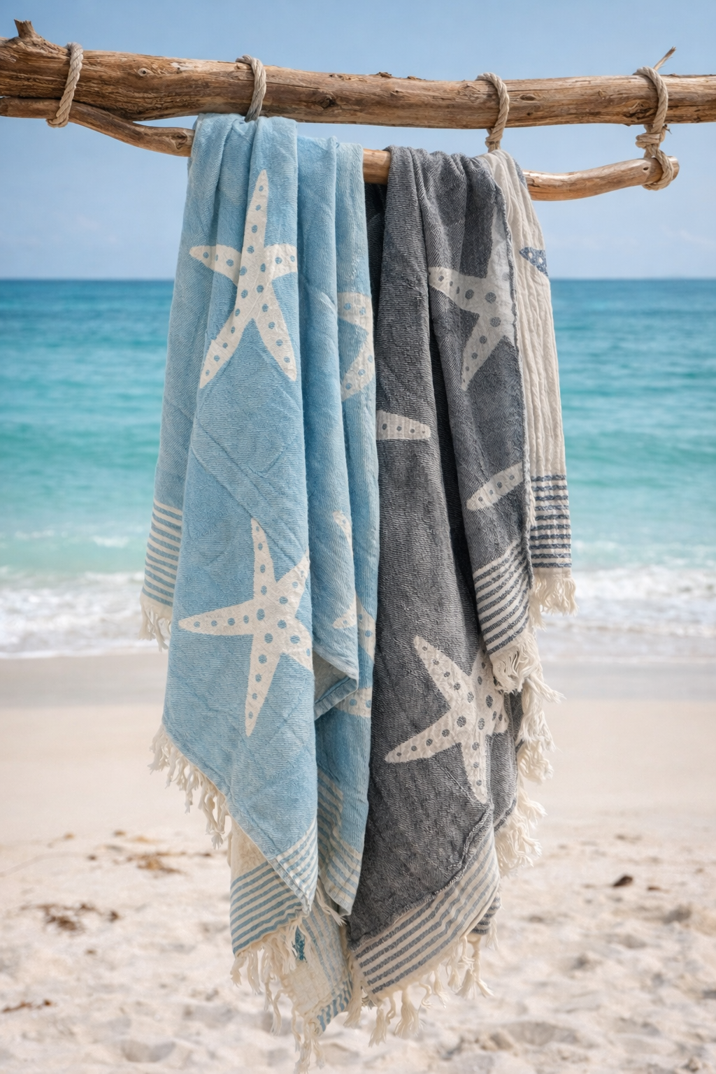 Two Sea Star Turkish Towels by turkanhome.com, Jacquard woven from 100% cotton, hang side by side on a wooden branch with the ocean and sandy beach in the background.