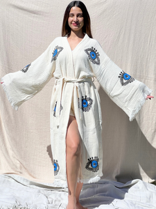 Ojo azul con pestañas Kimono Robe, ropa de salón, ropa de playa, mal de ojo