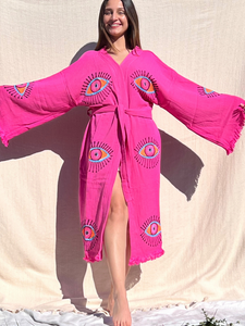 Barbie Kimono Robe, Lounge Wear, Beach Wear, Pink Evil Eye Robe, Morning Gown, Dressing Robe, House Gown