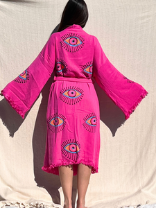 Barbie Kimono Robe, Lounge Wear, Beach Wear, Pink Evil Eye Robe, Morning Gown, Dressing Robe, House Gown