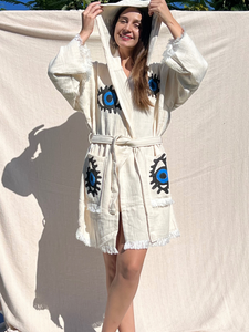 Blue Eye Robe- Short with Pockets and Hood, Lounge Wear, Beach Wear