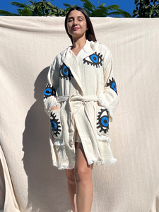 Blue Eye Robe- Short with Pockets and Hood, Lounge Wear, Beach Wear