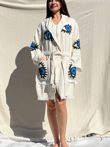 Blue Eye Robe- Short with Pockets and Hood, Lounge Wear, Beach Wear