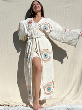 Load image into Gallery viewer, Lucky Eye Turquoise Kimono Robe, Lounge Wear, Beach Wear, Morning Gown, Dressing Robe, House Gown
