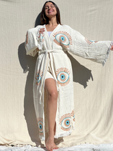 Cargar imagen en el visor de la galería, Lucky Eye Turquesa Kimono Robe, Ropa de salón, Ropa de playa, Vestido de mañana, Bata de vestir, Vestido de casa
