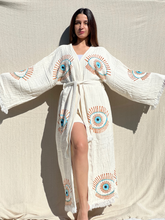 Load image into Gallery viewer, Lucky Eye Turquoise Kimono Robe, Lounge Wear, Beach Wear, Morning Gown, Dressing Robe, House Gown
