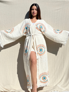 Lucky Eye Turquesa Kimono Robe, Ropa de salón, Ropa de playa, Vestido de mañana, Bata de vestir, Vestido de casa