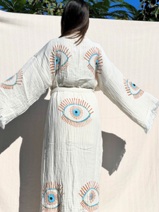 Lucky Eye Turquoise Kimono Robe, Lounge Wear, Beach Wear, Morning Gown, Dressing Robe, House Gown