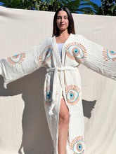 Load image into Gallery viewer, Lucky Eye Turquoise Kimono Robe, Lounge Wear, Beach Wear, Morning Gown, Dressing Robe, House Gown
