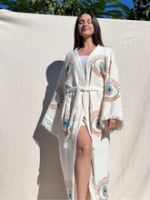 Cargar imagen en el visor de la galería, Lucky Eye Turquesa Kimono Robe, Ropa de salón, Ropa de playa, Vestido de mañana, Bata de vestir, Vestido de casa
