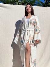 Load image into Gallery viewer, Lucky Eye Turquoise Kimono Robe, Lounge Wear, Beach Wear, Morning Gown, Dressing Robe, House Gown
