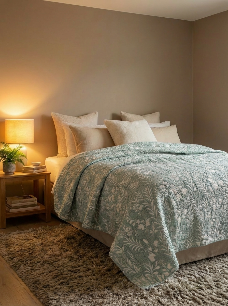 A cozy bedroom with a neatly made bed featuring the Luxury 7-Layer Cotton Muslin Quilted Blanket - Mint Bird by turkanhome.com, multiple pillows, a bedside table with a lamp, a plant, and a cup on a shaggy beige rug under warm lighting.