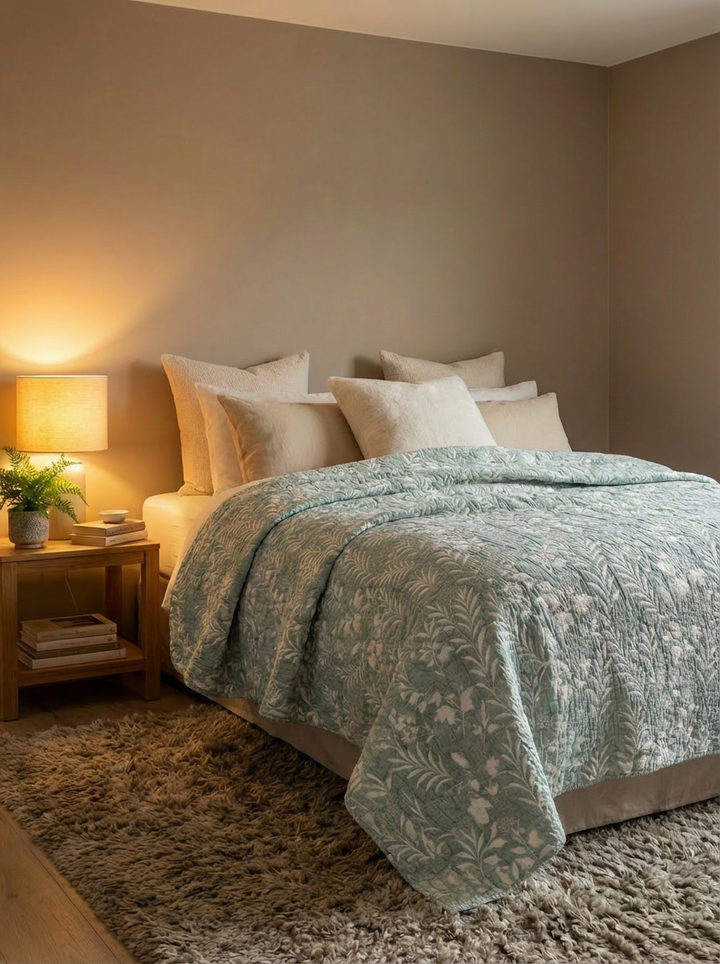 A cozy bedroom with a neatly made bed featuring the Luxury 7-Layer Cotton Muslin Quilted Blanket - Mint Bird by turkanhome.com, multiple pillows, a bedside table with a lamp, a plant, and a cup on a shaggy beige rug under warm lighting.