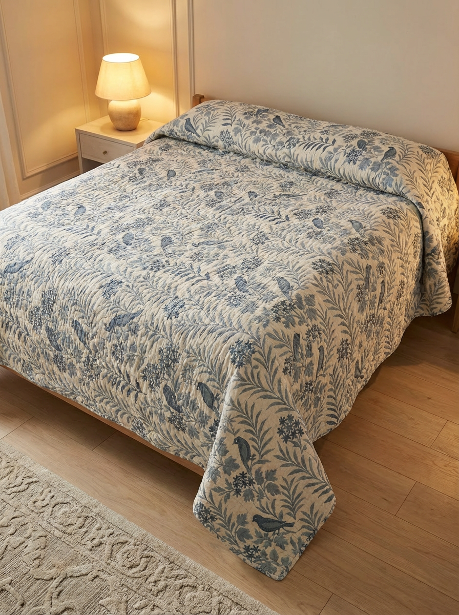 A neatly made bed features the Luxury 7-Layer Cotton Muslin Quilted Blanket - Mint Bird by turkanhome.com, beside a wooden nightstand with a lamp, atop a light wooden floor and a beige textured rug.