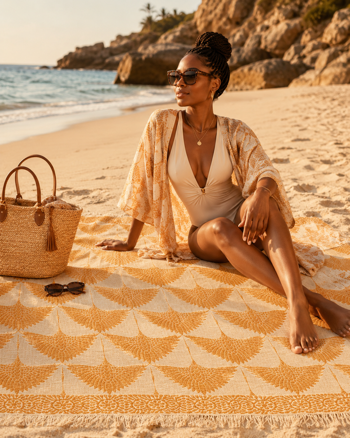 A woman in sunglasses and a swimsuit relaxes on a sandy beach near the ocean, sitting atop the Crane Muslin Throw Blanket Natural Border– Reversible Turkish Cotton from turkanhome.com. Beside her are a straw bag and sunglasses as she enjoys the sunny day.