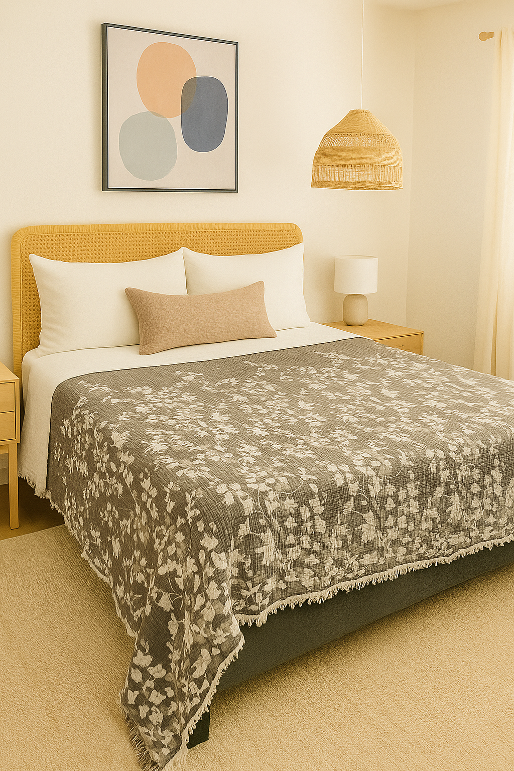 A neatly made bed with a yellow woven headboard, floral gray quilt, white pillows, and a beige accent pillow features the Bougainvillea Muslin Bed Blanket – Brown | Queen by turkanhome.com. Wooden nightstands with lamps and abstract art complete the look.