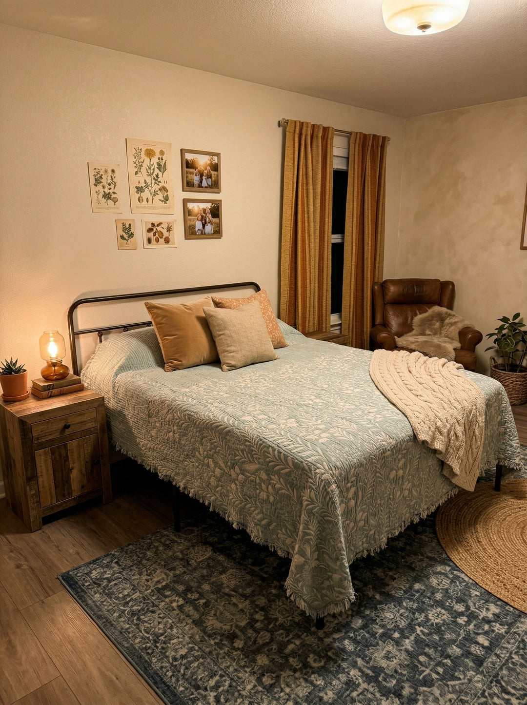 A cozy bedroom with a made bed featuring the Luxury 7-Layer Cotton Muslin Quilted Blanket in Mint Bird by turkanhome.com, tan throw pillows, a knitted blanket, a wooden nightstand with lamp and plant, a patterned rug, and warm curtains.