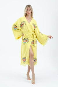 Yellow  Evil Eye Kimono, Dressing Gown, House Coat