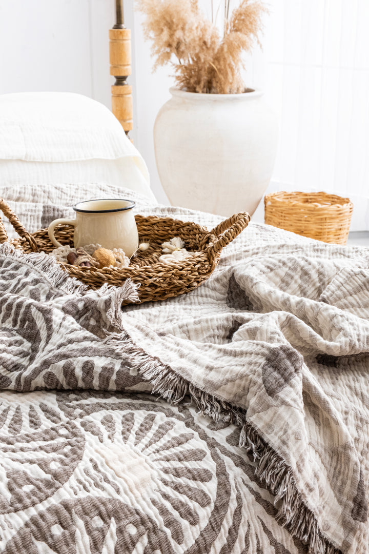 Ginkgo Muslin Bed Blanket Brown