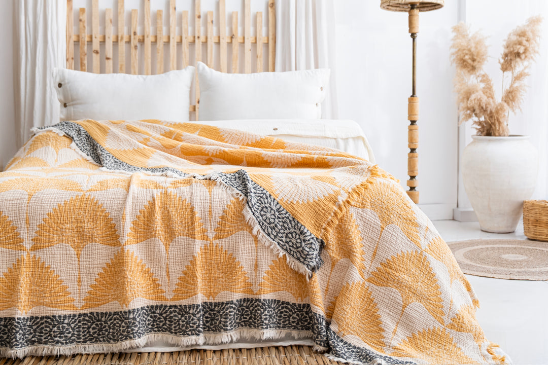 Crane Muslin Bed Blanket Yellow