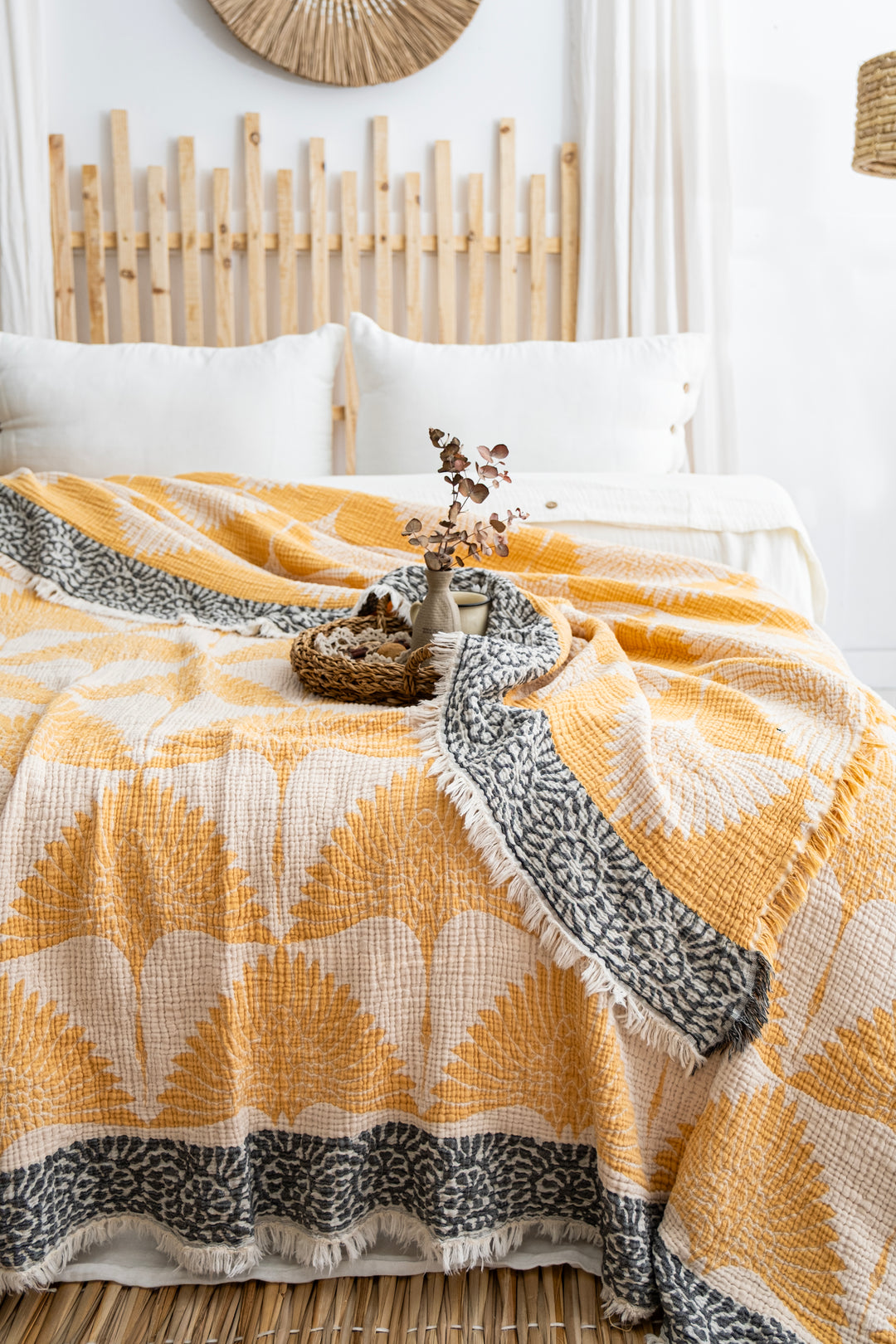 Crane Muslin Bed Blanket Yellow