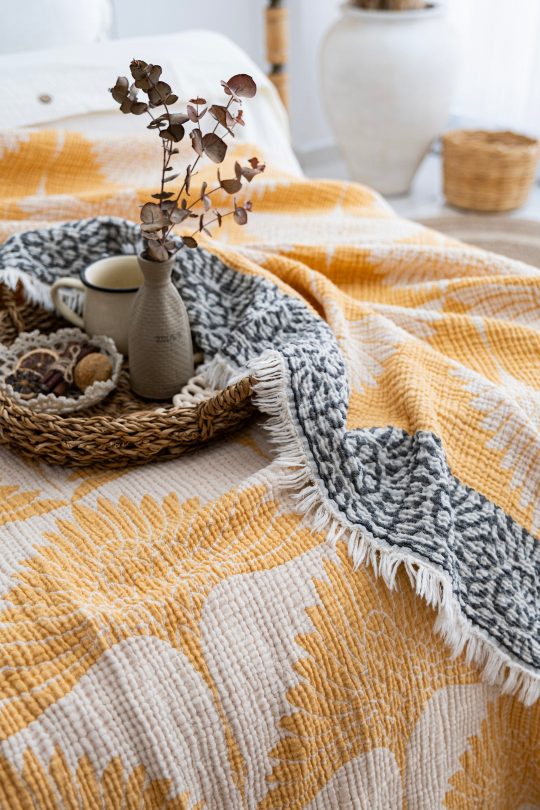 Crane Muslin Bed Blanket Yellow