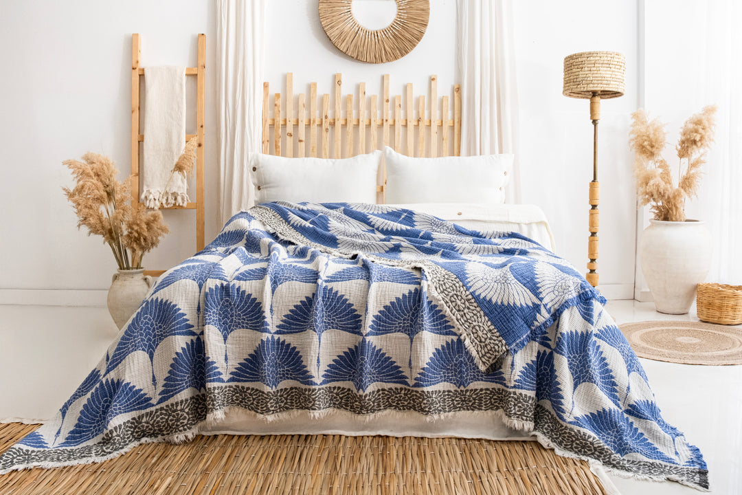Manta de cama de muselina Crane azul