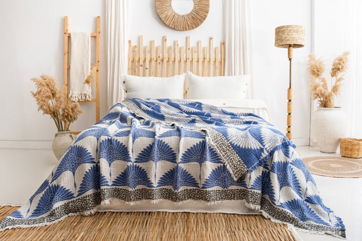 Manta de cama de muselina Crane azul